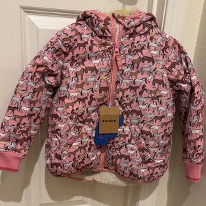 Mini Boden Pink Horse Patterned Fleece Lined Winter Jacket 2-3 toddler NWT